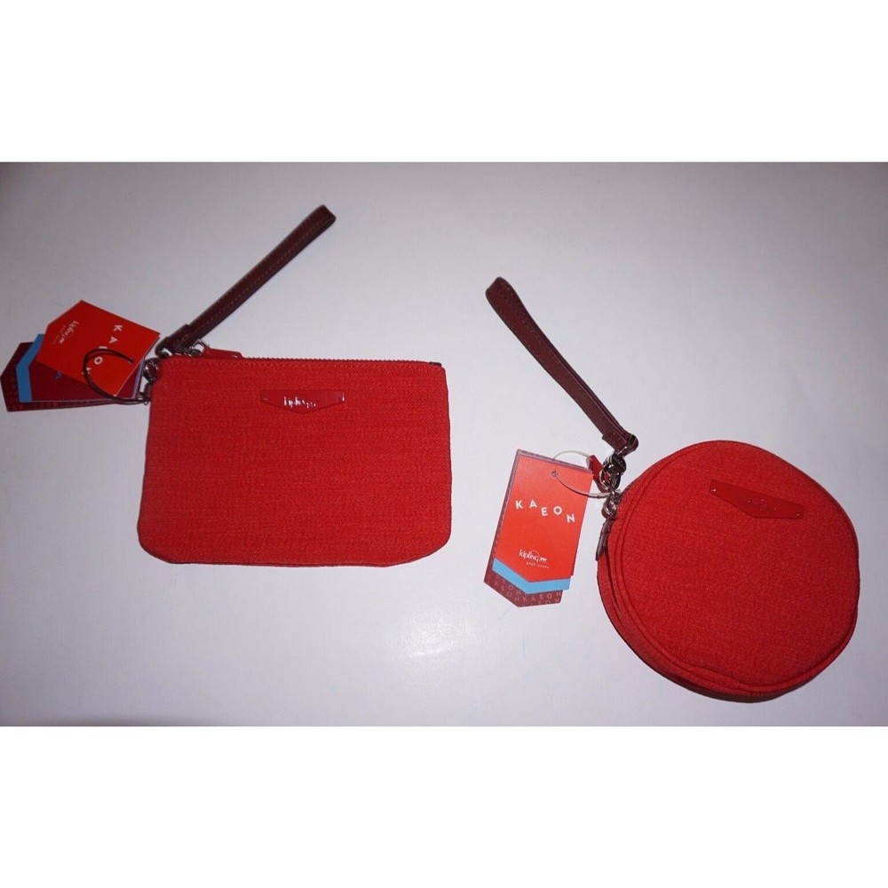 Kipling Kaeon recycled/repellent fabric set of two wristlet pouches in red NWT